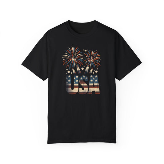 Patriotic USA Fireworks Celebration Tee - Comfort Colors 1717, Soft-Washed, Relaxed Fit 4th of July, Labor Day, Memorial Day