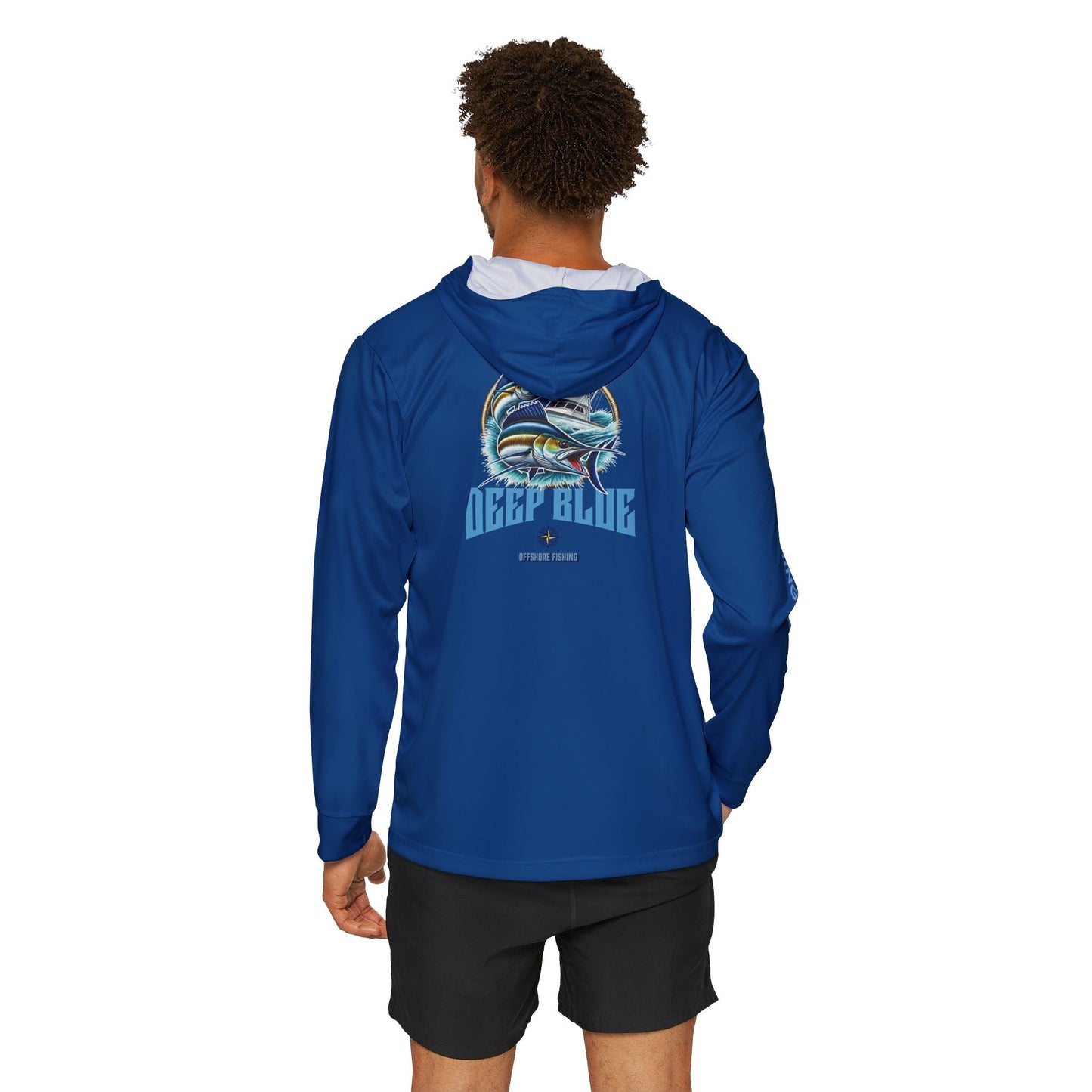 Deep Blue Offshore Fishing Unisex Performance Hoodie, 100% Polyester, Quick-Dry Activewear (BLUE).