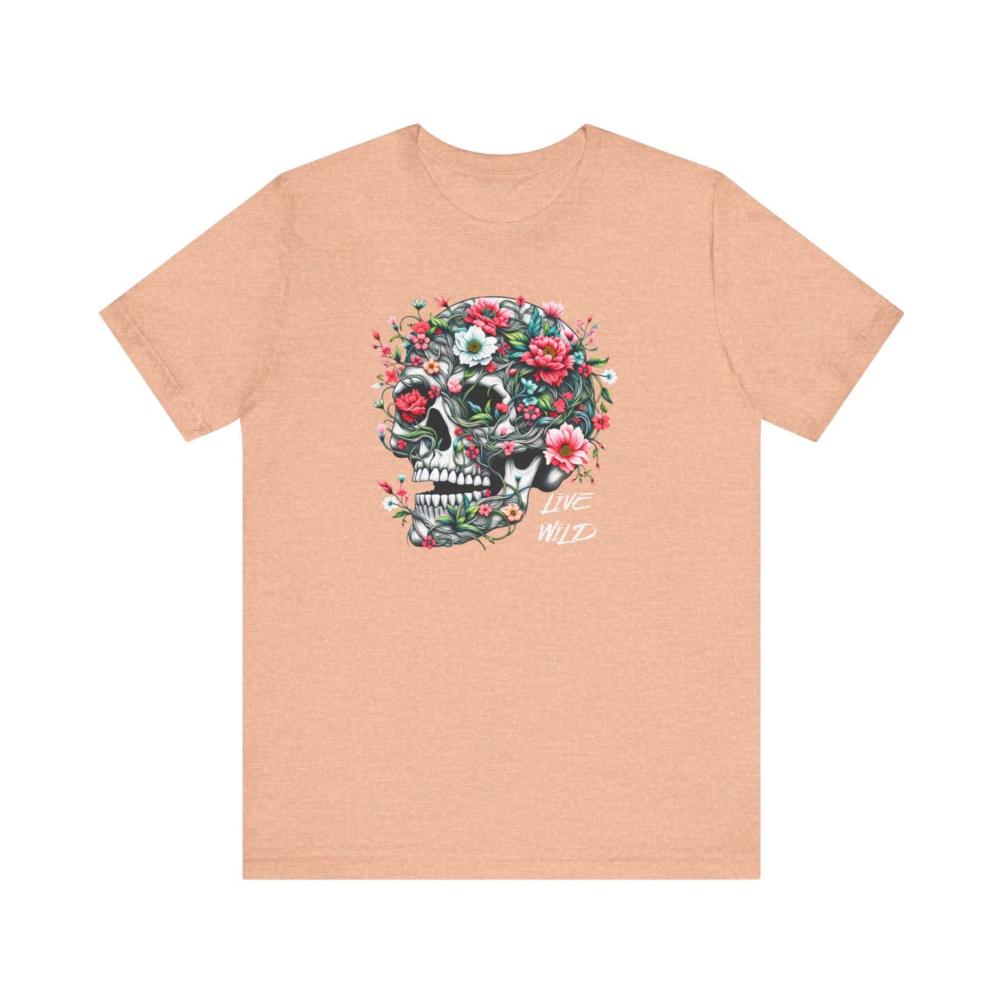 Floral Skull T-Shirt Design - Live Wild Skull with Flowers and Vines Graphic Tee Great Gift, Skateboarder Shirt, Rock and Roll Shirt, Rose