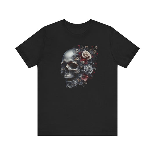 Floral Skull T-Shirt Design - Live Wild Skull with Flowers and Vines Graphic Tee Great Gift, Skateboarder Shirt, Rock and Roll Shirt, Rose