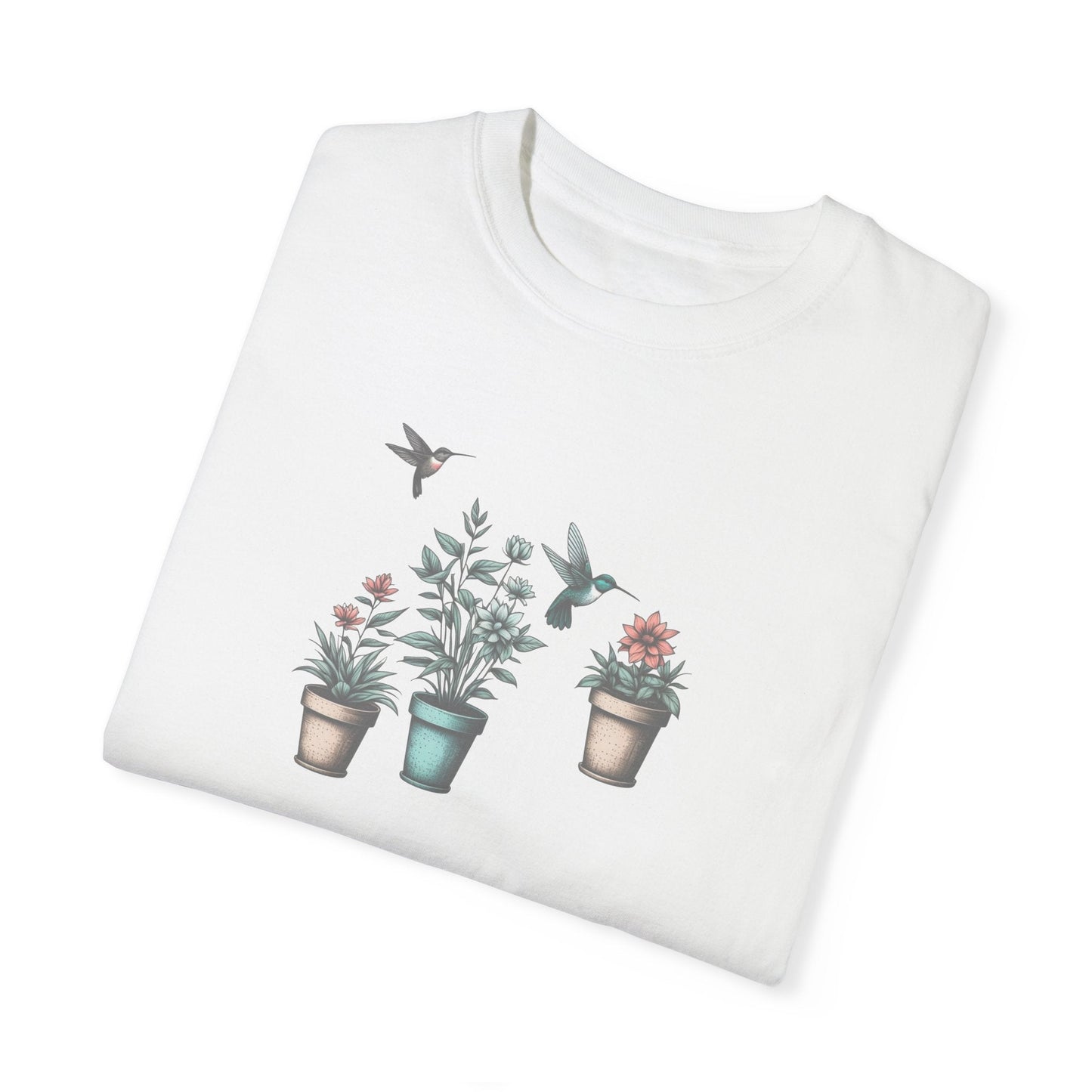 Beautiful Potted Flowers & Hummingbirds - Comfort Colors T-Shirt Nature Lover Bird Tshirt Gardening Tshirt Great Gift Idea Flower Tshirt