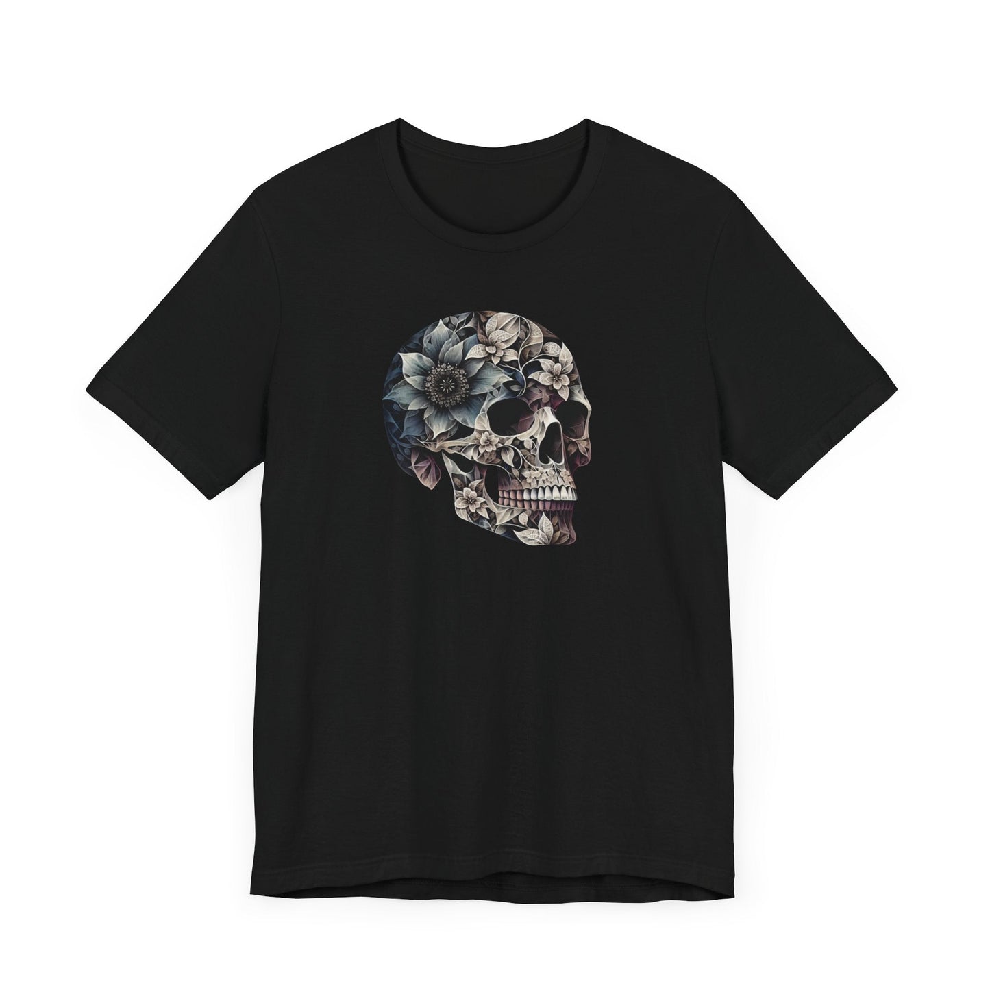 Floral Skull T-Shirt Design - Live Wild Skull with Flowers and Vines Graphic Tee Great Gift, Skateboarder Shirt, Rock and Roll Shirt, Rose