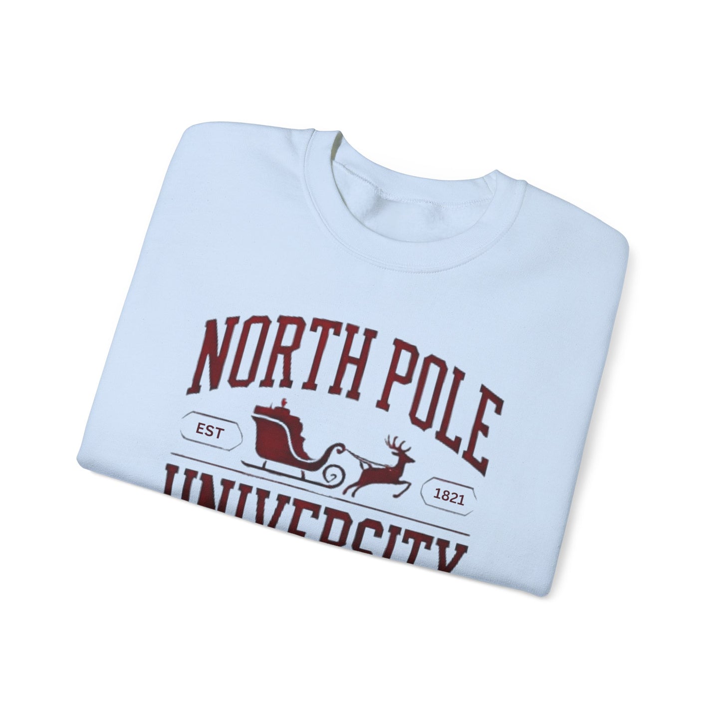 North Pole University Graphic Varsity Merry Christmas Sweatshirt Heavy Blend Crewneck