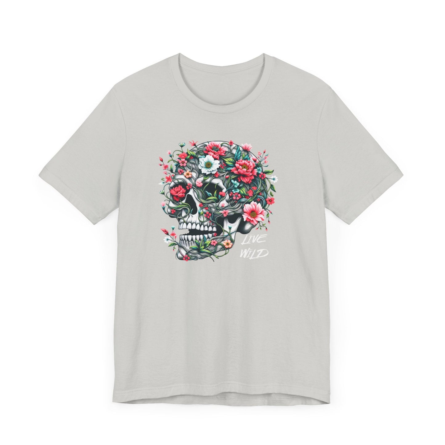 Floral Skull T-Shirt Design - Live Wild Skull with Flowers and Vines Graphic Tee Great Gift, Skateboarder Shirt, Rock and Roll Shirt, Rose