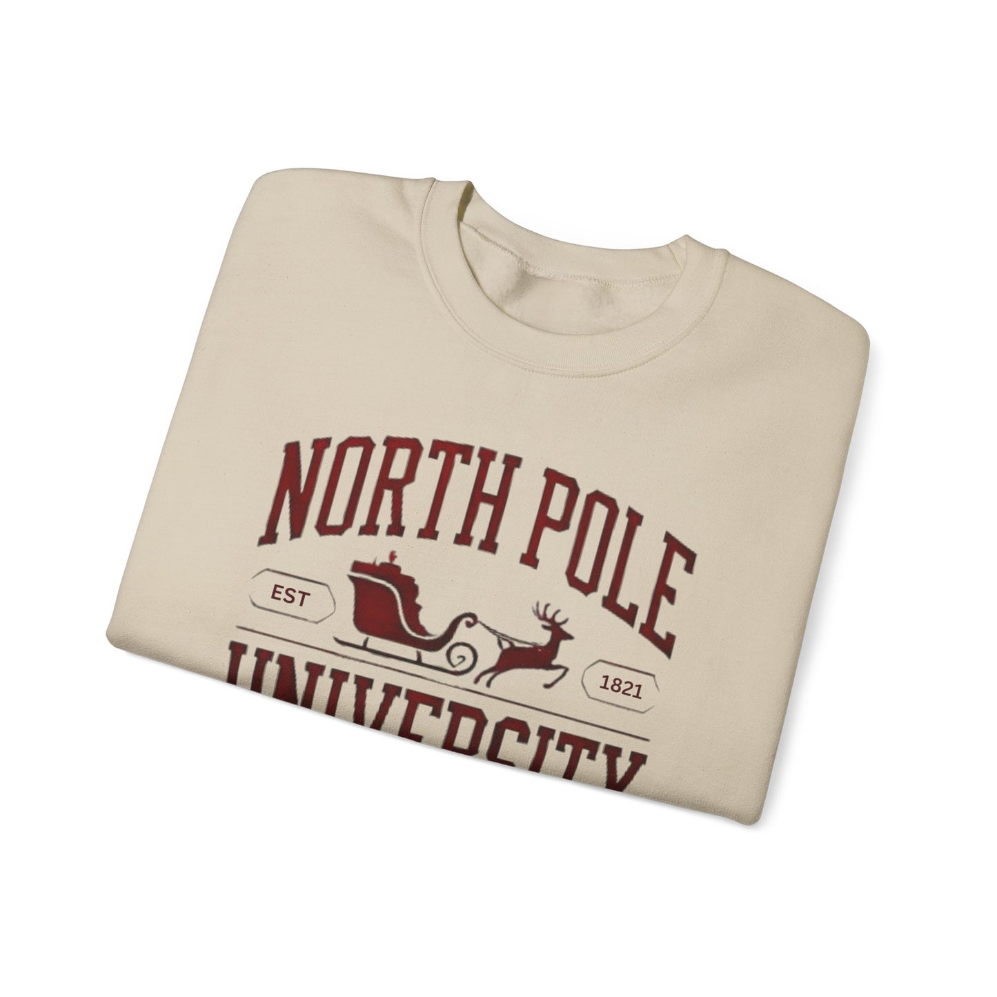 North Pole University Graphic Varsity Merry Christmas Sweatshirt Heavy Blend Crewneck