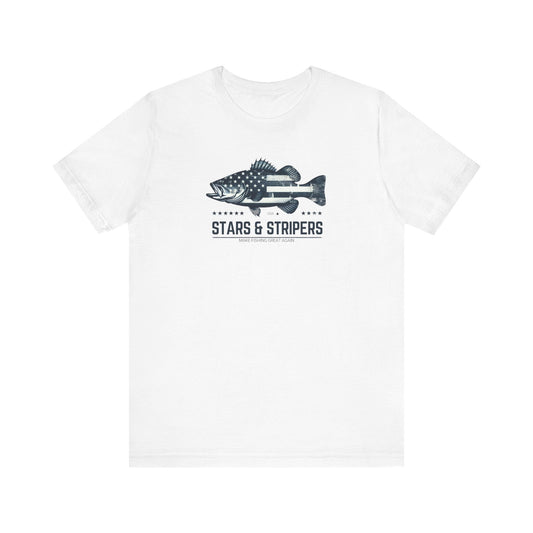 Patriotic Bass Fishing Stars & Stripers Jersey Short Sleeve Tee Soft Cotton Classic Nature Great Gift, Husband Gift, Wife Gift Fishing Shirt