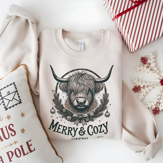 Merry and Cozy Highland Cow Christmas Graphic Unisex Heavy Blend Crewneck Sweatshirt