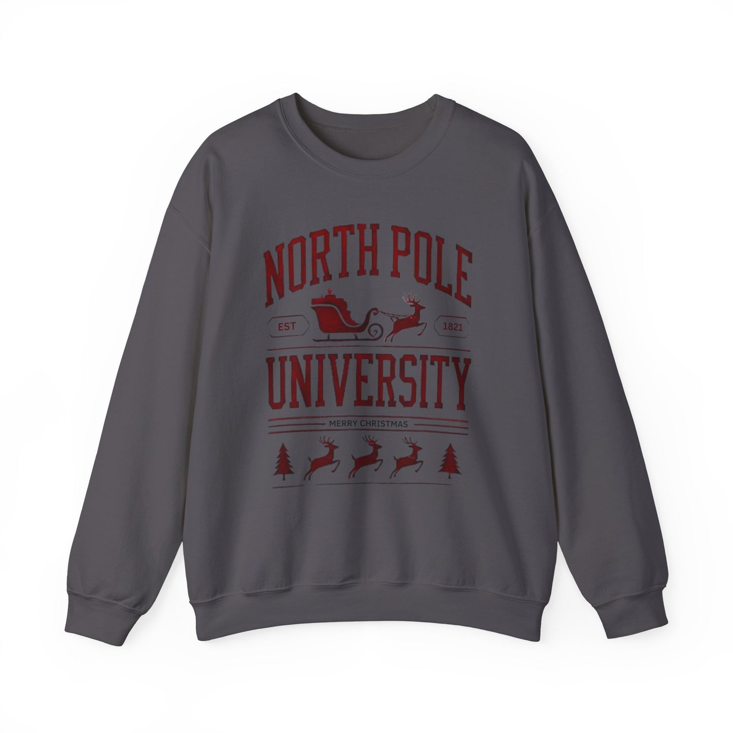 North Pole University Graphic Varsity Merry Christmas Sweatshirt Heavy Blend Crewneck