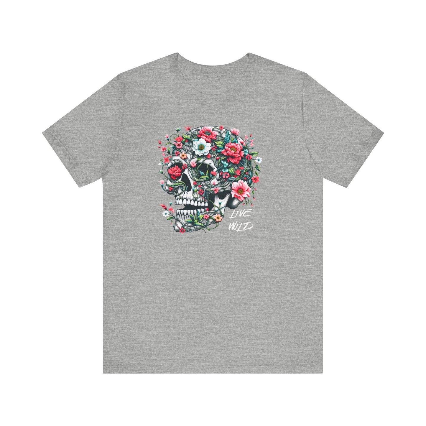 Floral Skull T-Shirt Design - Live Wild Skull with Flowers and Vines Graphic Tee Great Gift, Skateboarder Shirt, Rock and Roll Shirt, Rose