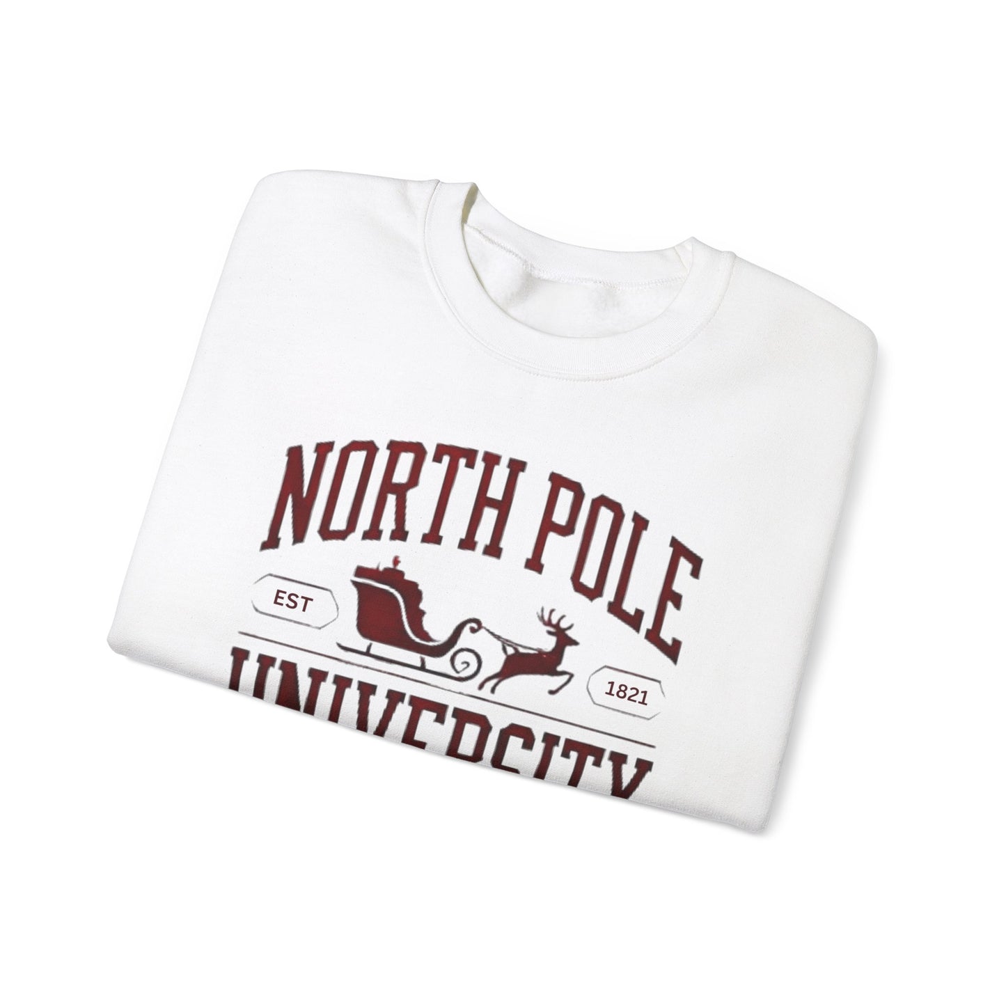 North Pole University Graphic Varsity Merry Christmas Sweatshirt Heavy Blend Crewneck