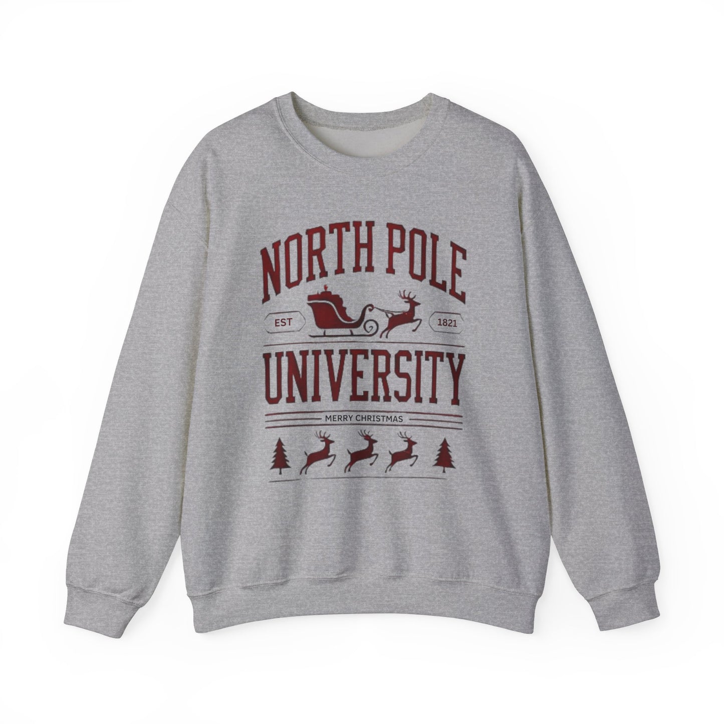 North Pole University Graphic Varsity Merry Christmas Sweatshirt Heavy Blend Crewneck