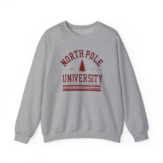 North Pole University Graphic Varsity Christmas Sweatshirt Unisex Heavy Blend Crewneck