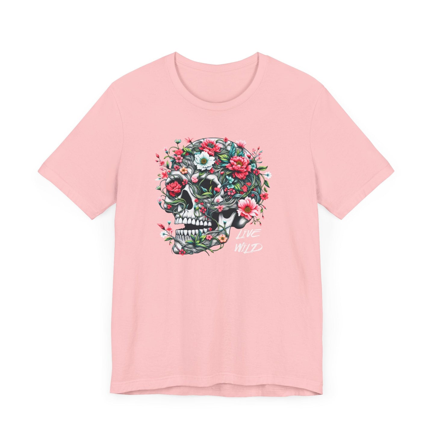 Floral Skull T-Shirt Design - Live Wild Skull with Flowers and Vines Graphic Tee Great Gift, Skateboarder Shirt, Rock and Roll Shirt, Rose