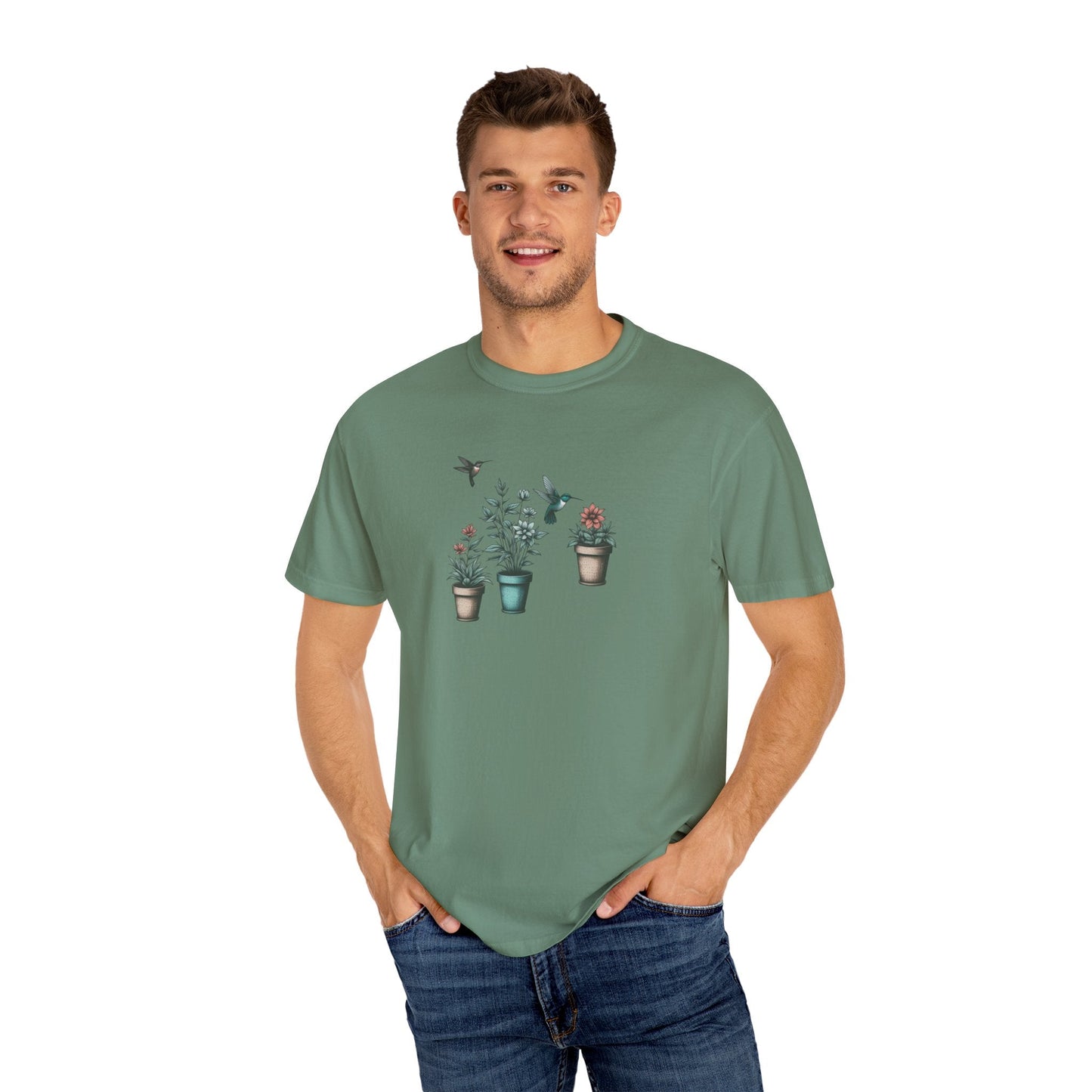 Beautiful Potted Flowers & Hummingbirds - Comfort Colors T-Shirt Nature Lover Bird Tshirt Gardening Tshirt Great Gift Idea Flower Tshirt