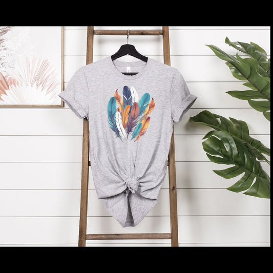 Feathers Shirt, Boho Bird Feather T-Shirt, Bird Lovers Tshirt, Water Color Bird Feather Tee, Feather Bouquet Tee, Women Feather Shirt Gift