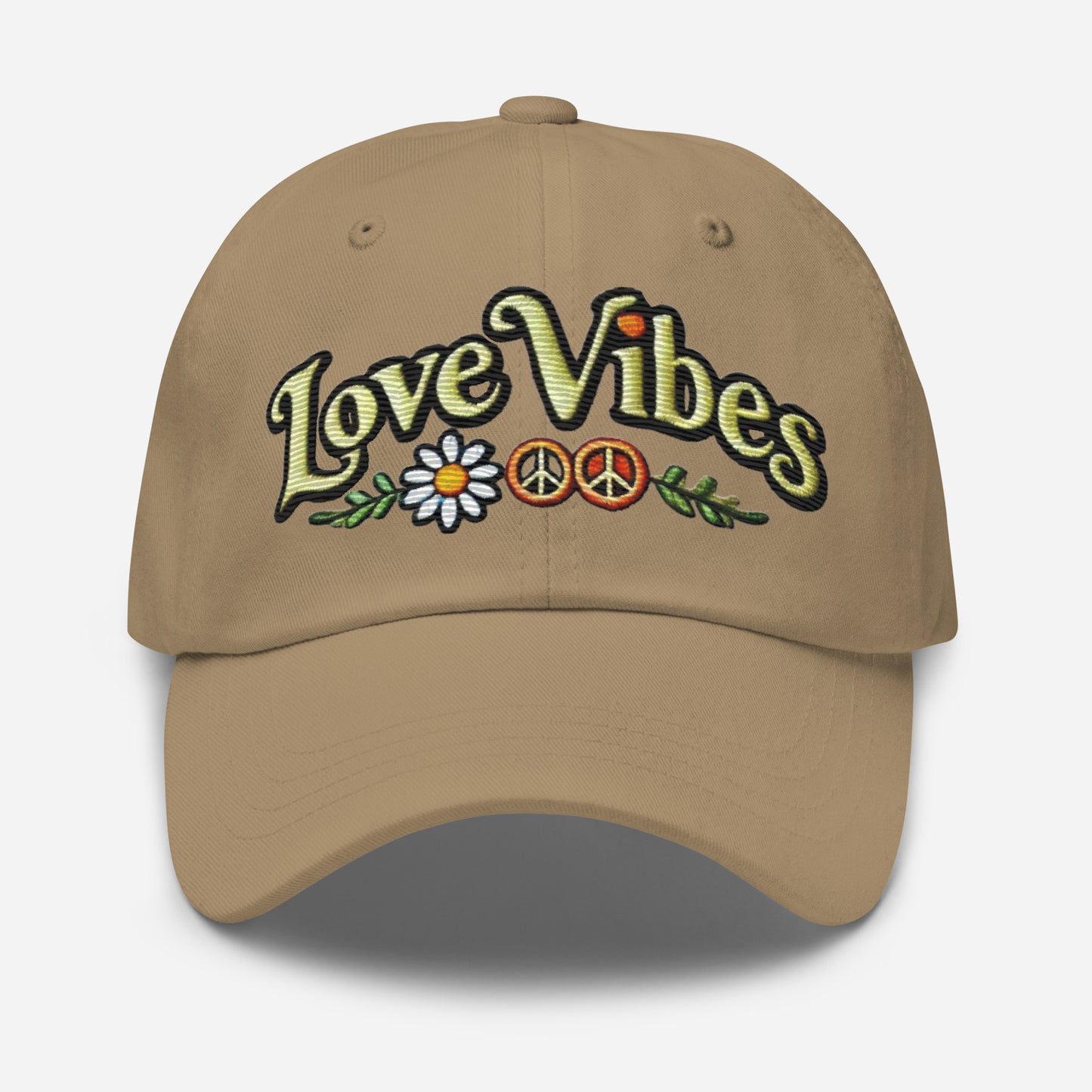 Embroidered 'Love Vibes' Hippie-Inspired Dad Hat – Adjustable Low Profile Vintage Inspired