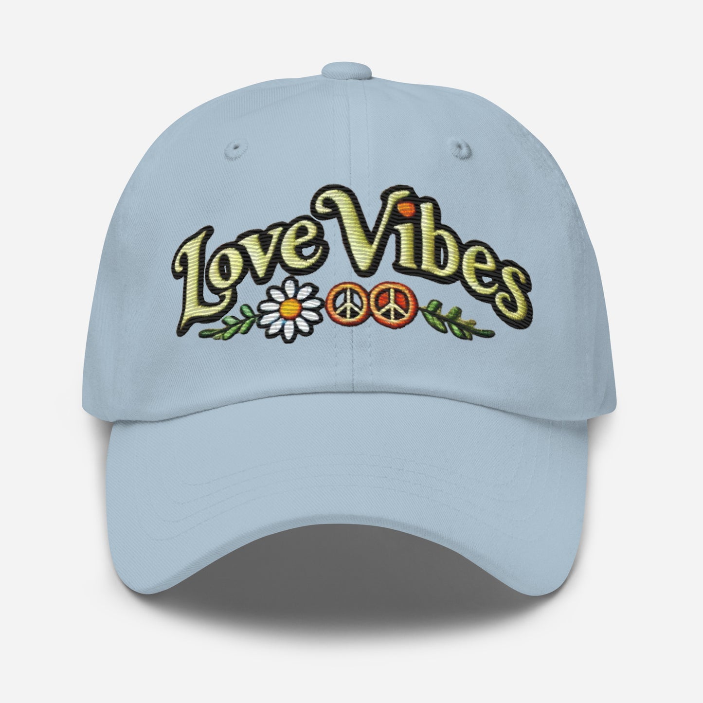 Embroidered 'Love Vibes' Hippie-Inspired Dad Hat – Adjustable Low Profile Vintage Inspired