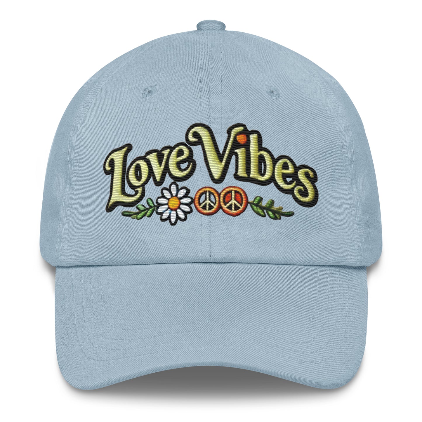 Embroidered 'Love Vibes' Hippie-Inspired Dad Hat – Adjustable Low Profile Vintage Inspired