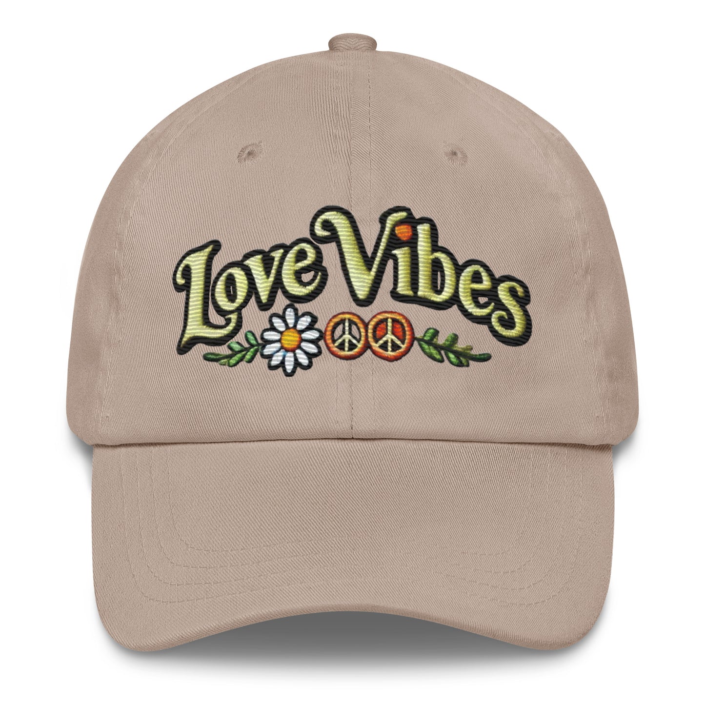 Embroidered 'Love Vibes' Hippie-Inspired Dad Hat – Adjustable Low Profile Vintage Inspired