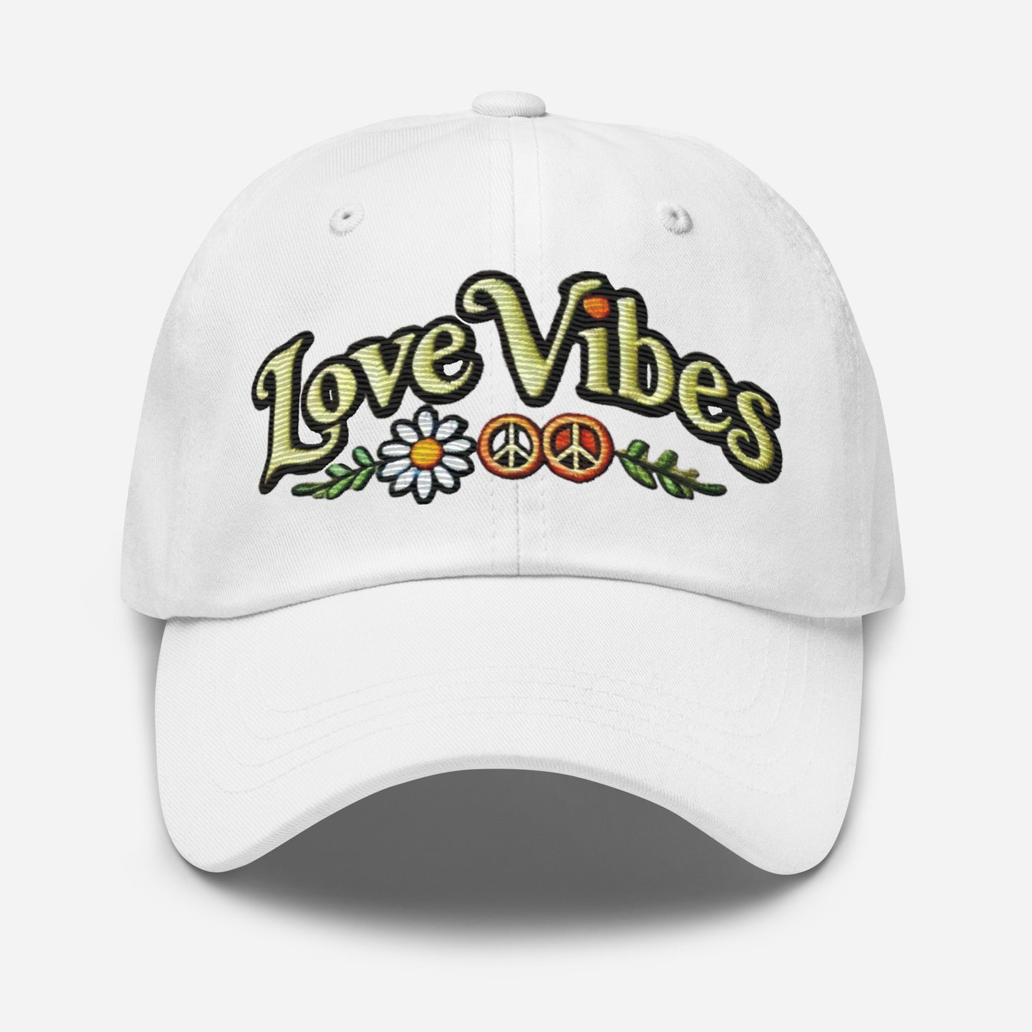 Embroidered 'Love Vibes' Hippie-Inspired Dad Hat – Adjustable Low Profile Vintage Inspired