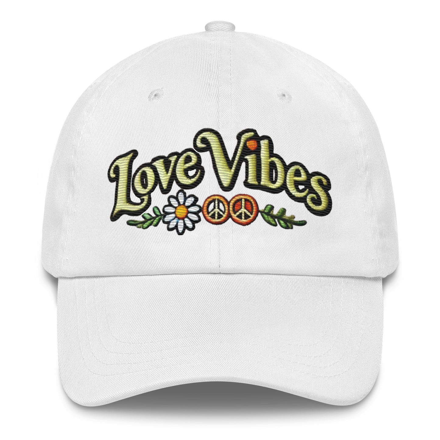 Embroidered 'Love Vibes' Hippie-Inspired Dad Hat – Adjustable Low Profile Vintage Inspired