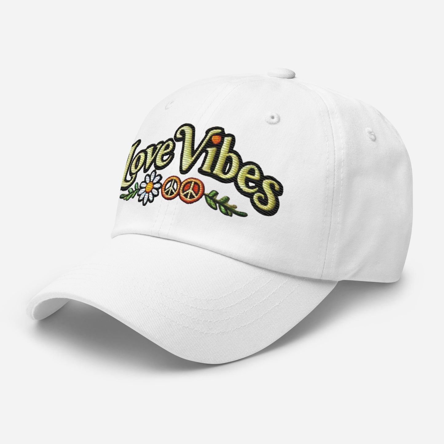 Embroidered 'Love Vibes' Hippie-Inspired Dad Hat – Adjustable Low Profile Vintage Inspired