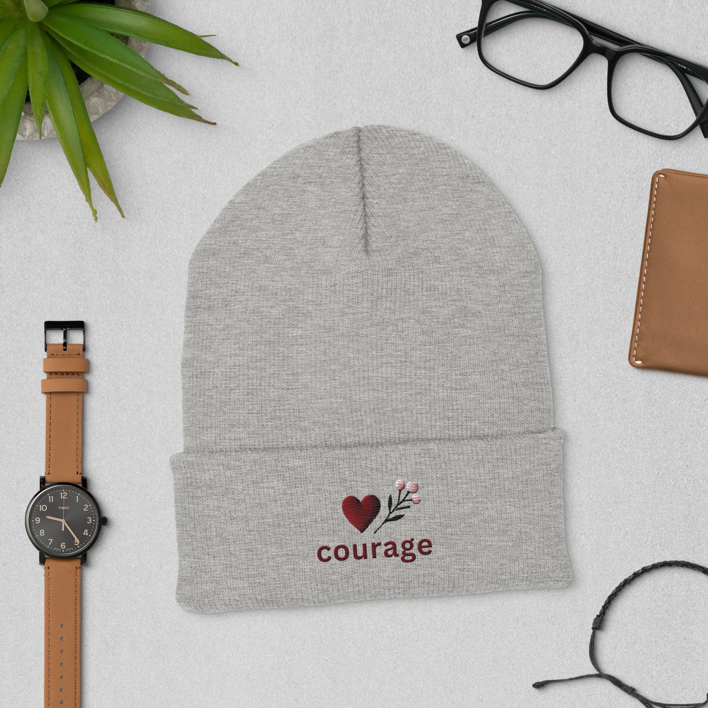 Embroidered 'Courage' Cuffed Beanie – Unisex, Warm, and Hypoallergenic Warm Hat