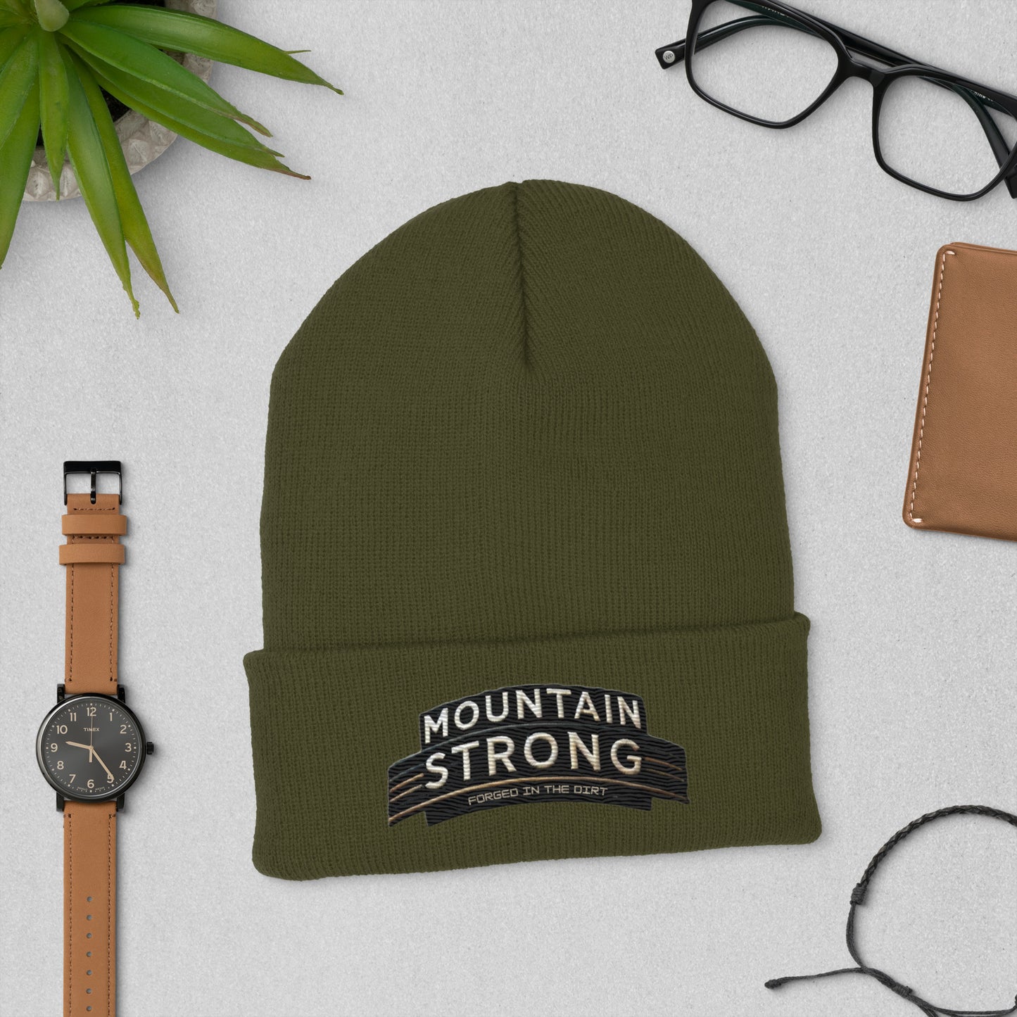 Mountain Strong 'Forged In The Dirt' Cuffed Beanie – Unisex, Hypoallergenic, and Hand Washable