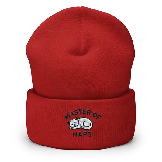 Embroidered Master of Naps Cat Cuffed Beanie – Funny Kitten Humor Hat