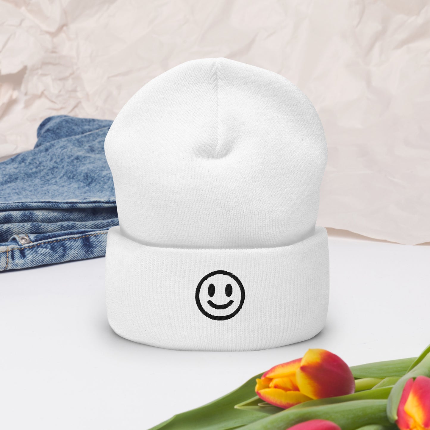 Embroidered Smiley Face Cuffed Beanie – Spread Joy and Stay Cozy! Warm Hat