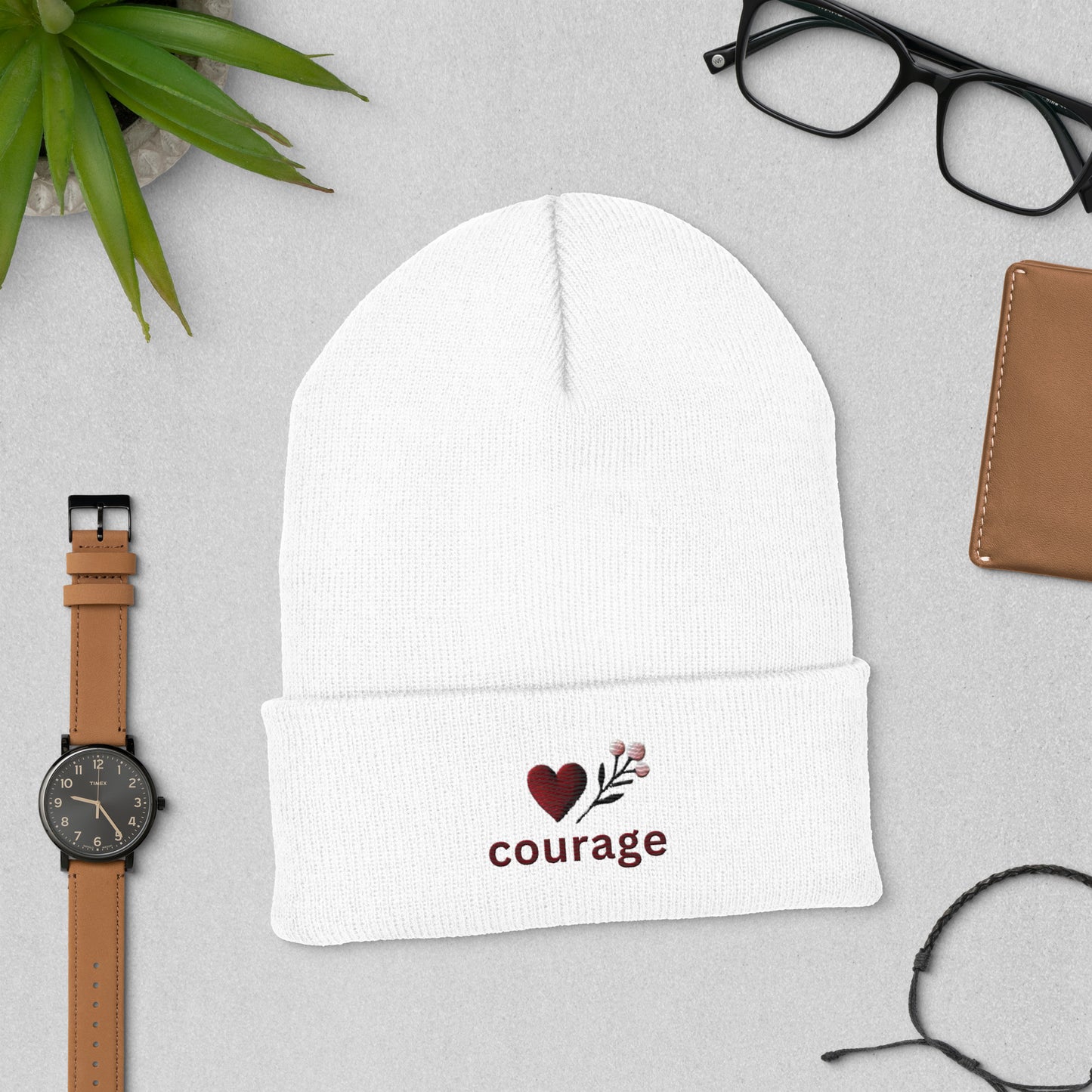 Embroidered 'Courage' Cuffed Beanie – Unisex, Warm, and Hypoallergenic Warm Hat