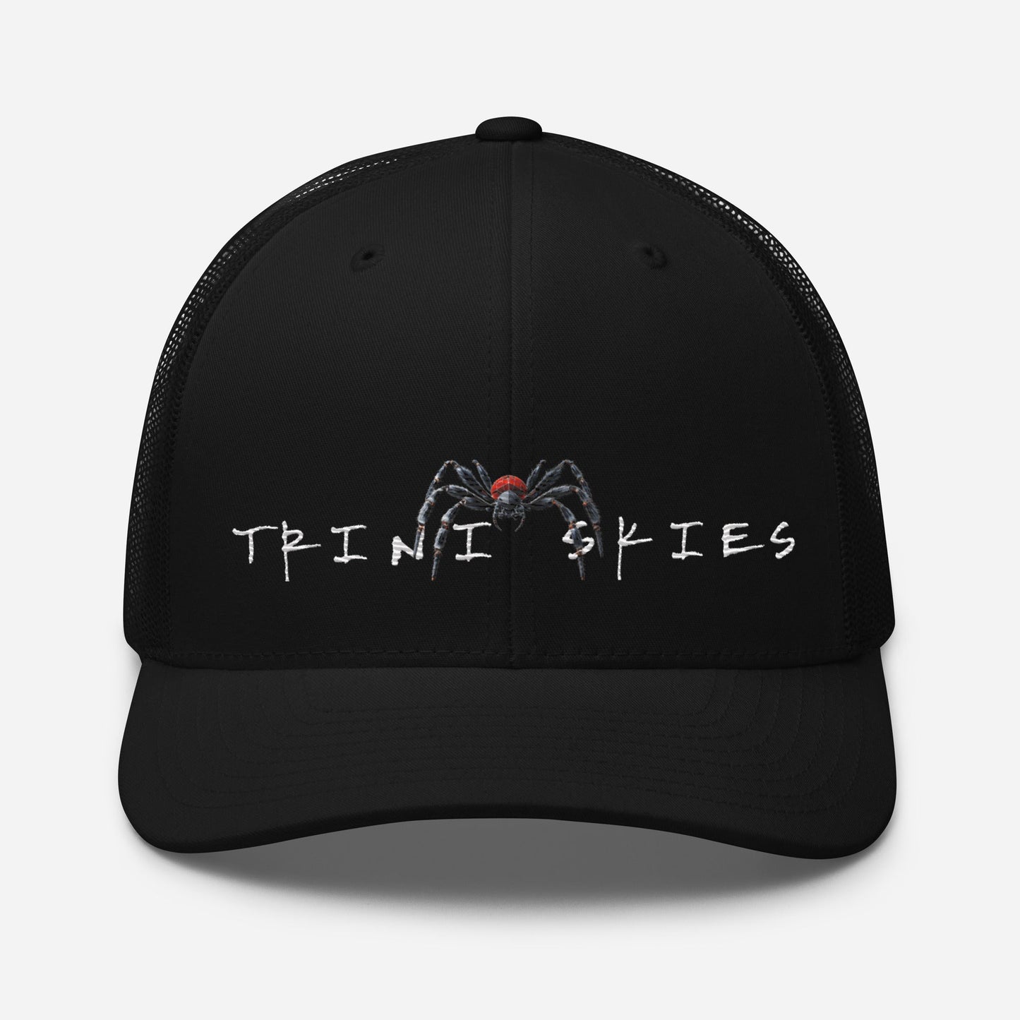 Trini Skies  Red Embroidered Trucker Hat, Adjustable Mesh Back Cap