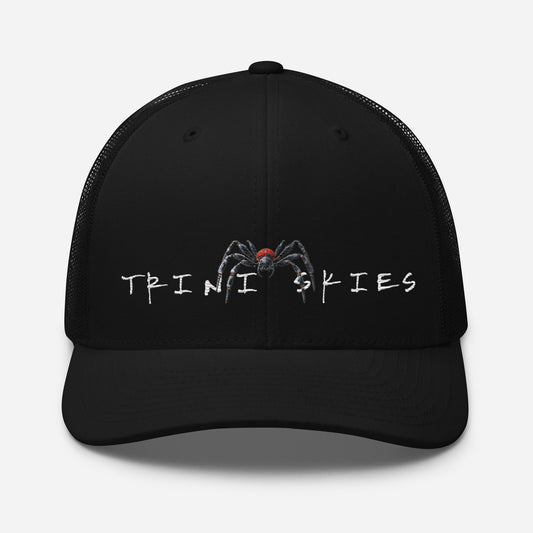 Trini Skies  Red Embroidered Trucker Hat, Adjustable Mesh Back Cap