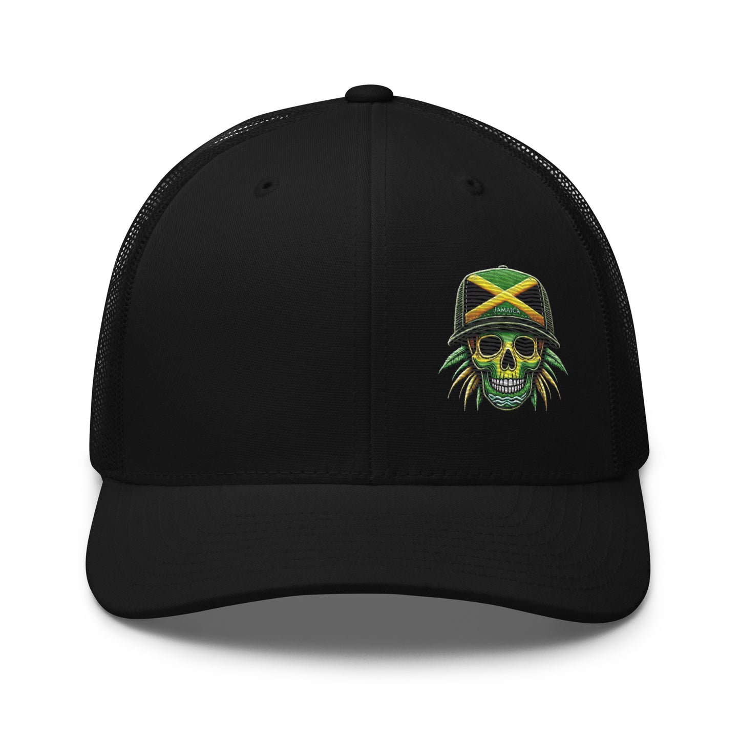 Embroidered 'Jamaica Skull' Trucker Hat – Adjustable Snapback, Stylish Summer Jamaica Hat