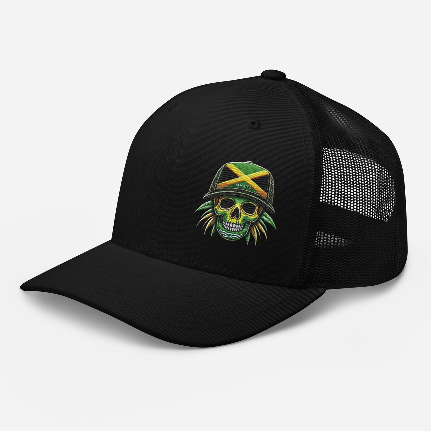 Embroidered 'Jamaica Skull' Trucker Hat – Adjustable Snapback, Stylish Summer Jamaica Hat