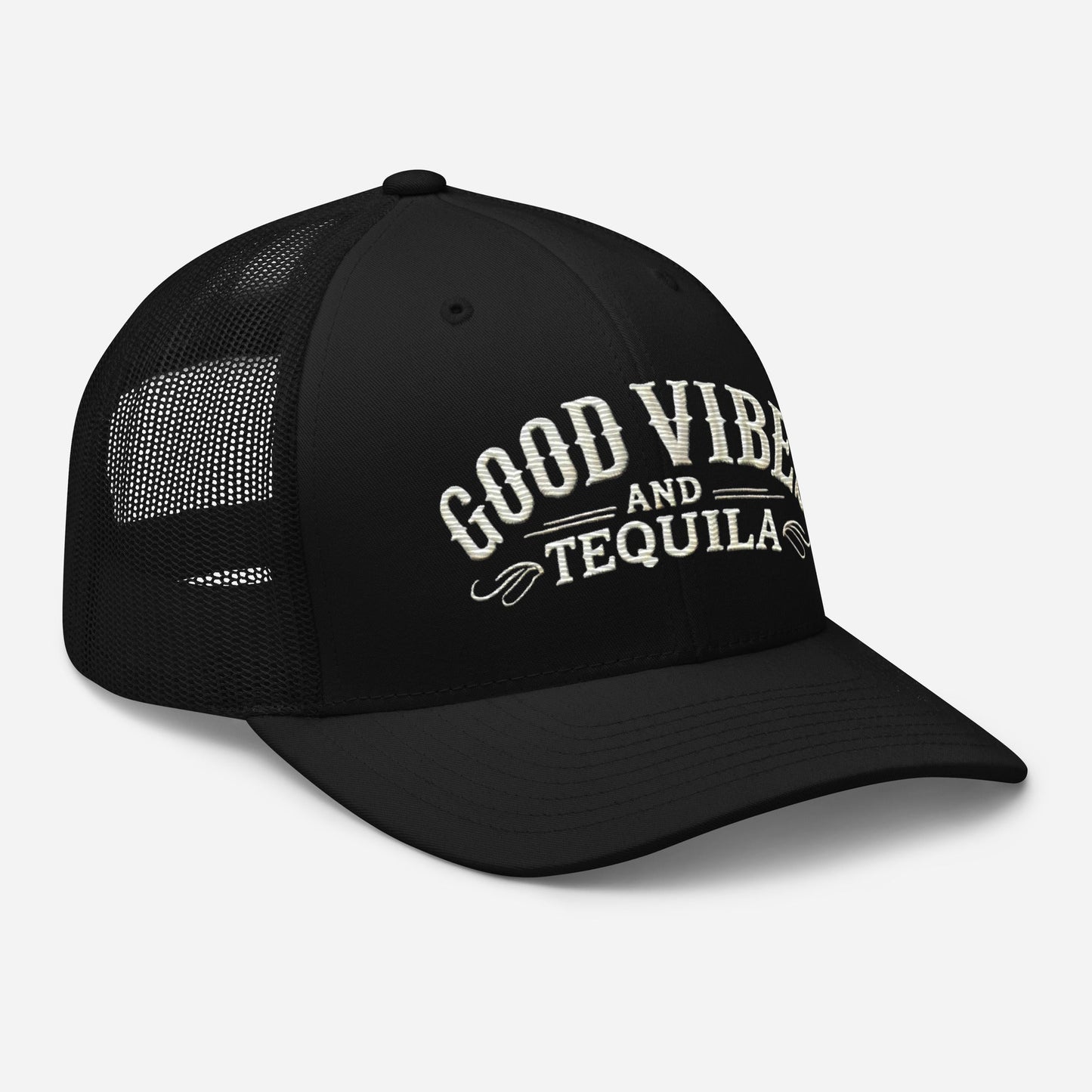 Good Vibes and Tequila Embroidered Trucker Cap: Classic Mesh Back, Adjustable Fit Party Hat Great Gift Idea