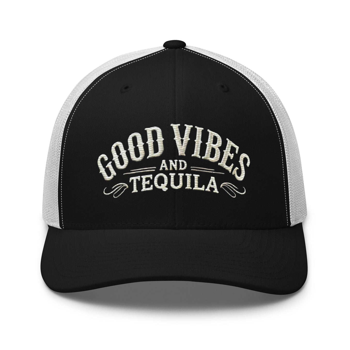 Good Vibes and Tequila Embroidered Trucker Cap: Classic Mesh Back, Adjustable Fit Party Hat Great Gift Idea