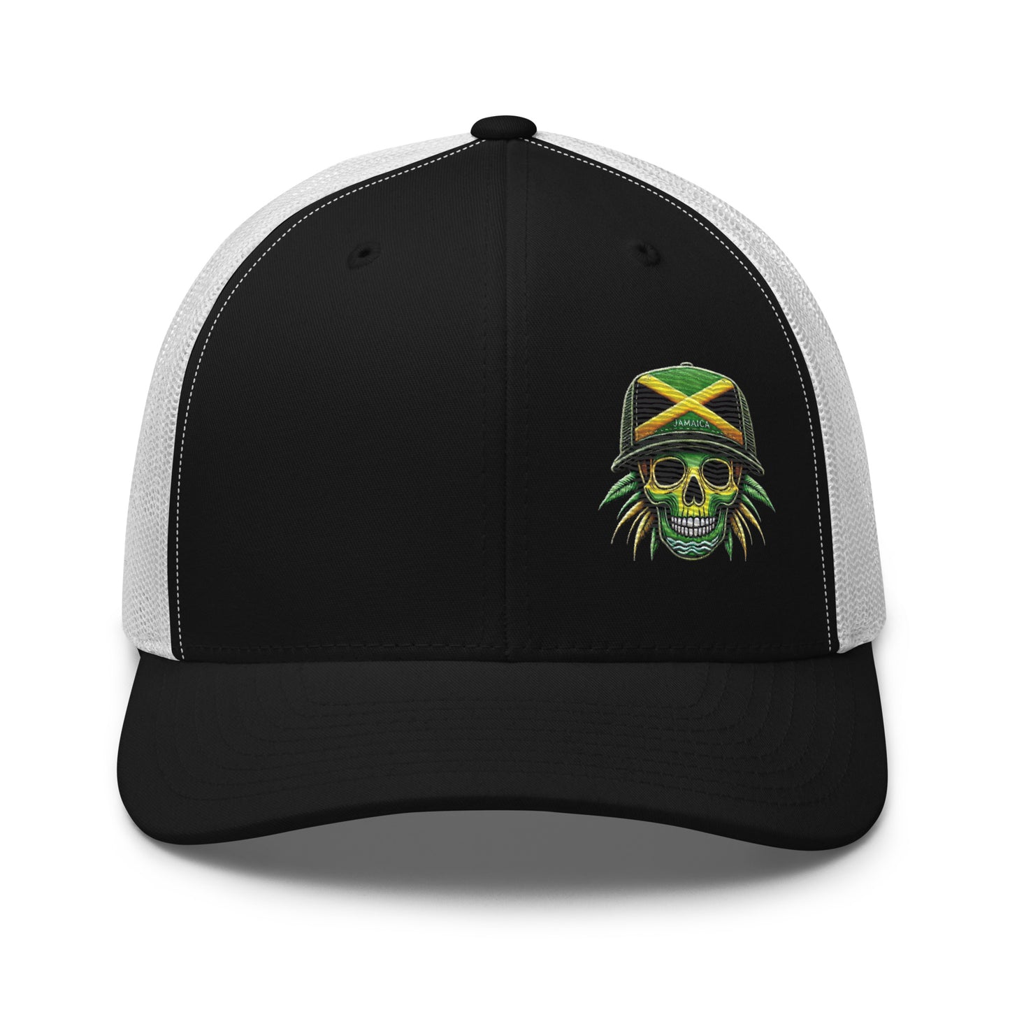 Embroidered 'Jamaica Skull' Trucker Hat – Adjustable Snapback, Stylish Summer Jamaica Hat