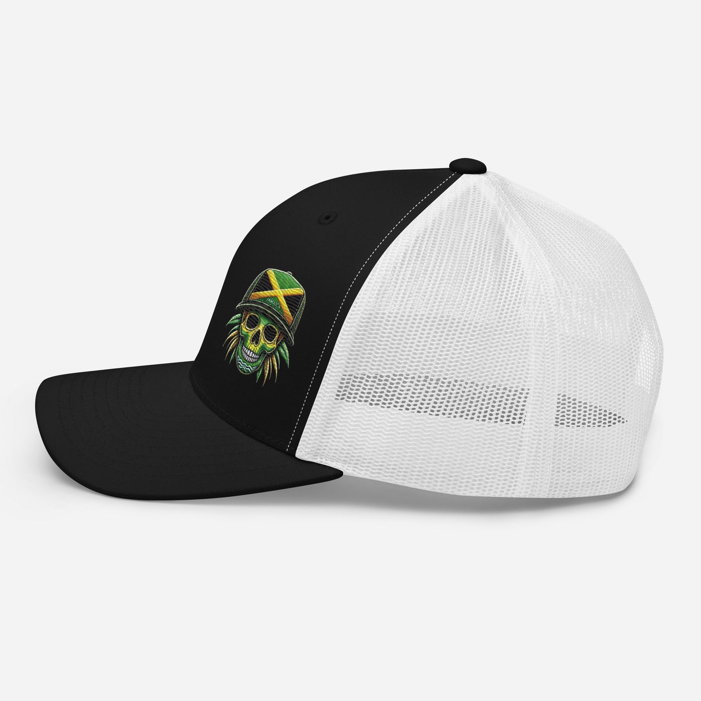 Embroidered 'Jamaica Skull' Trucker Hat – Adjustable Snapback, Stylish Summer Jamaica Hat