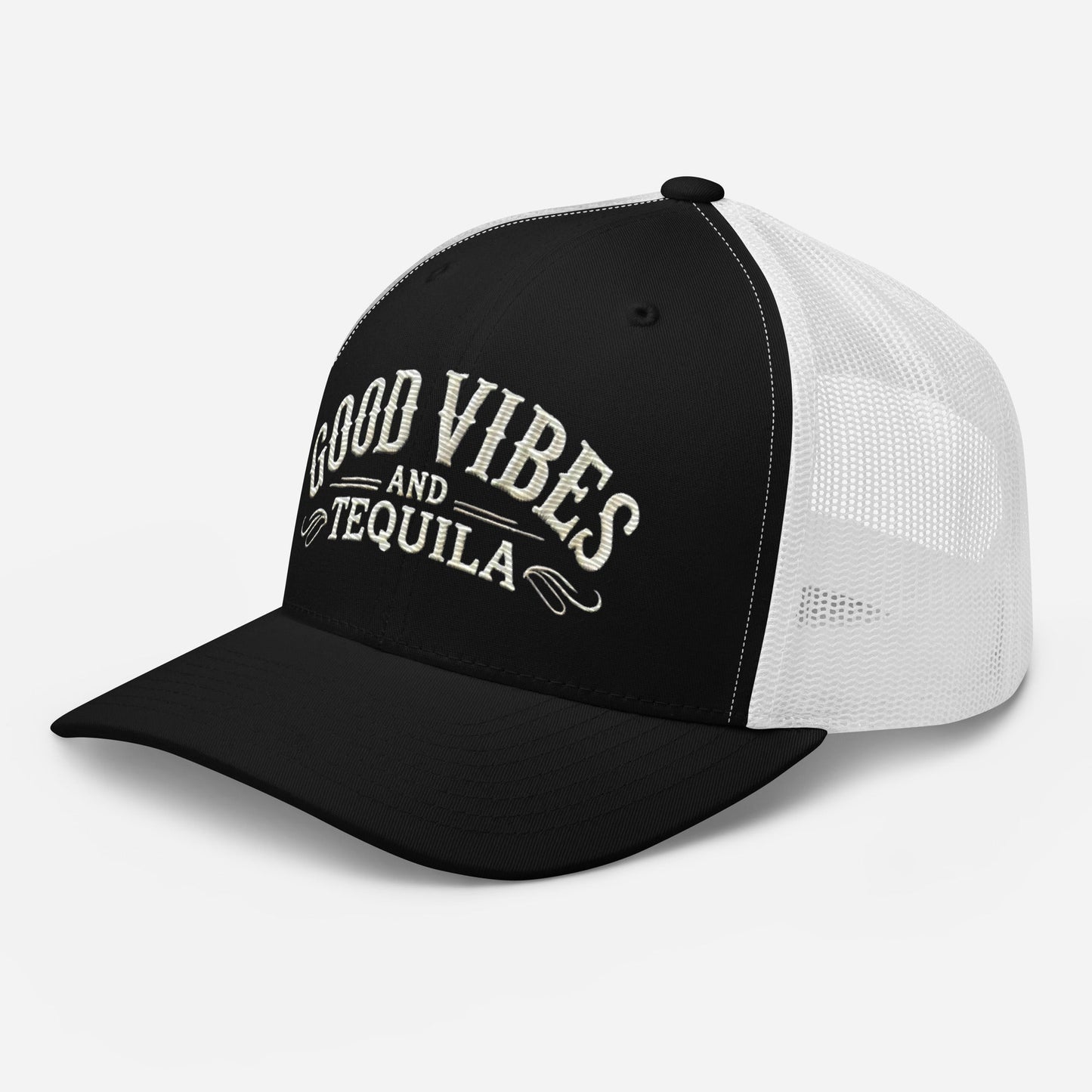 Good Vibes and Tequila Embroidered Trucker Cap: Classic Mesh Back, Adjustable Fit Party Hat Great Gift Idea