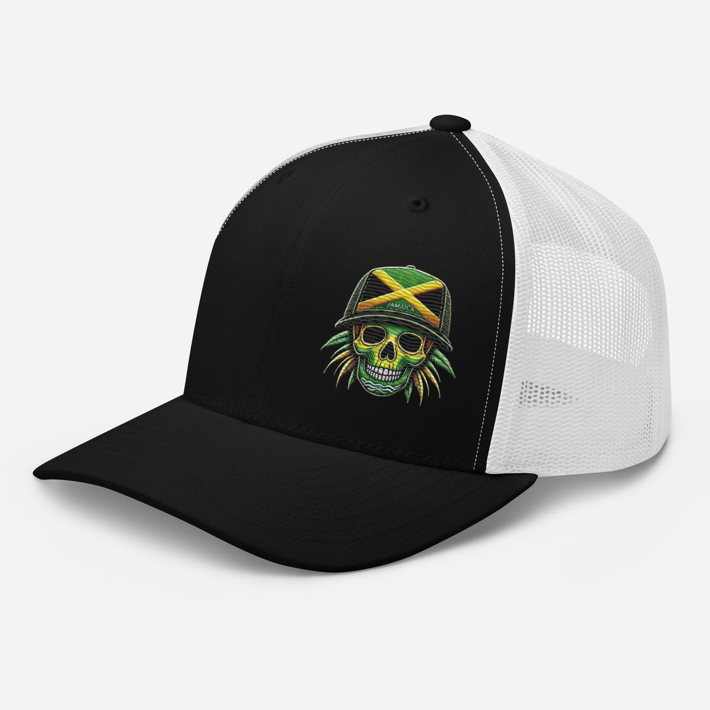 Embroidered 'Jamaica Skull' Trucker Hat – Adjustable Snapback, Stylish Summer Jamaica Hat