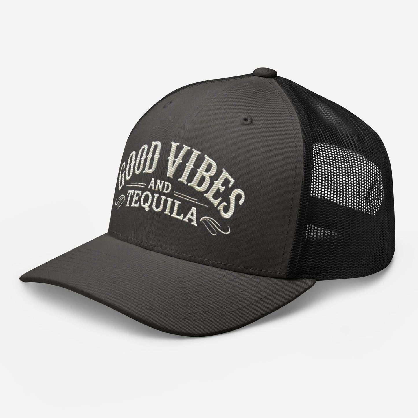 Good Vibes and Tequila Embroidered Trucker Cap: Classic Mesh Back, Adjustable Fit Party Hat Great Gift Idea