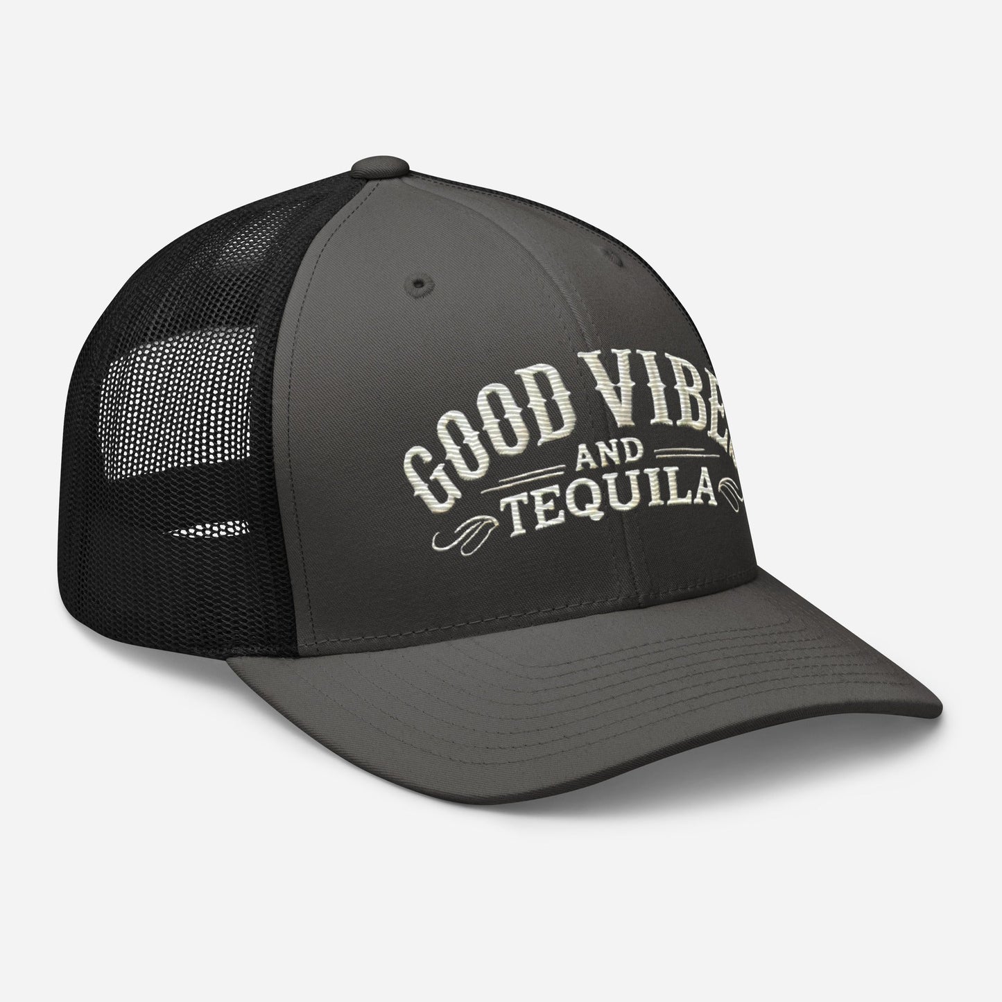 Good Vibes and Tequila Embroidered Trucker Cap: Classic Mesh Back, Adjustable Fit Party Hat Great Gift Idea