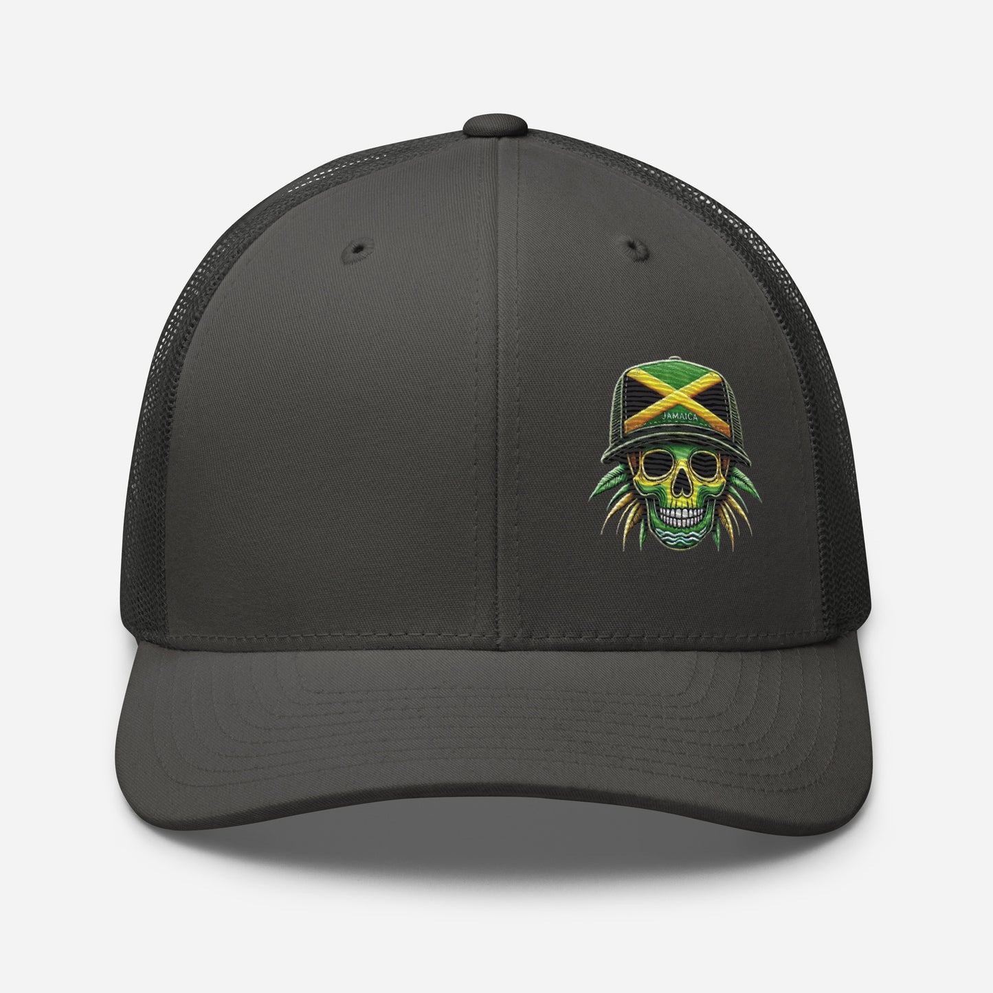 Embroidered 'Jamaica Skull' Trucker Hat – Adjustable Snapback, Stylish Summer Jamaica Hat