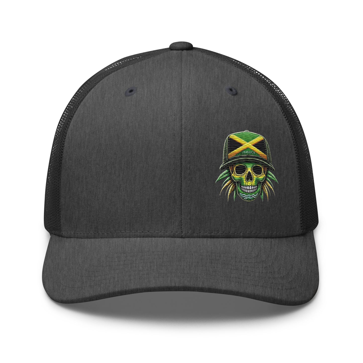 Embroidered 'Jamaica Skull' Trucker Hat – Adjustable Snapback, Stylish Summer Jamaica Hat