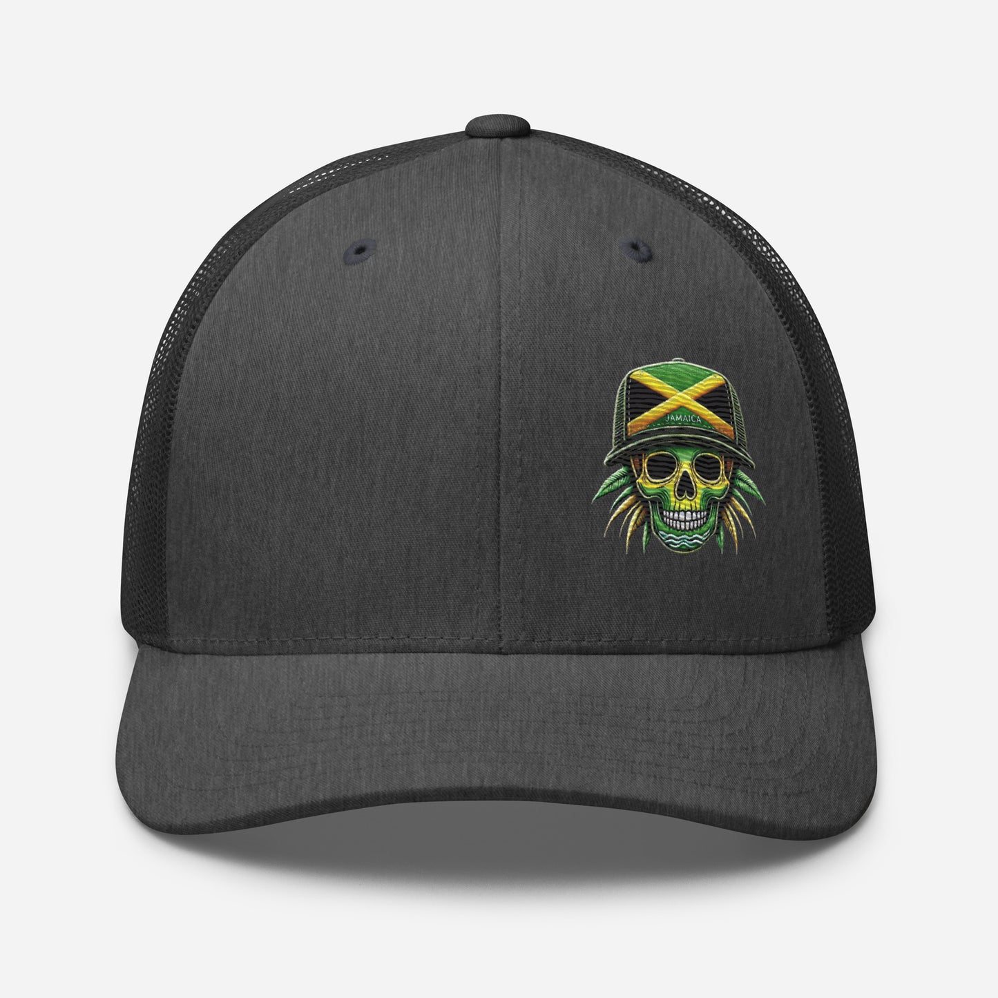 Embroidered 'Jamaica Skull' Trucker Hat – Adjustable Snapback, Stylish Summer Jamaica Hat