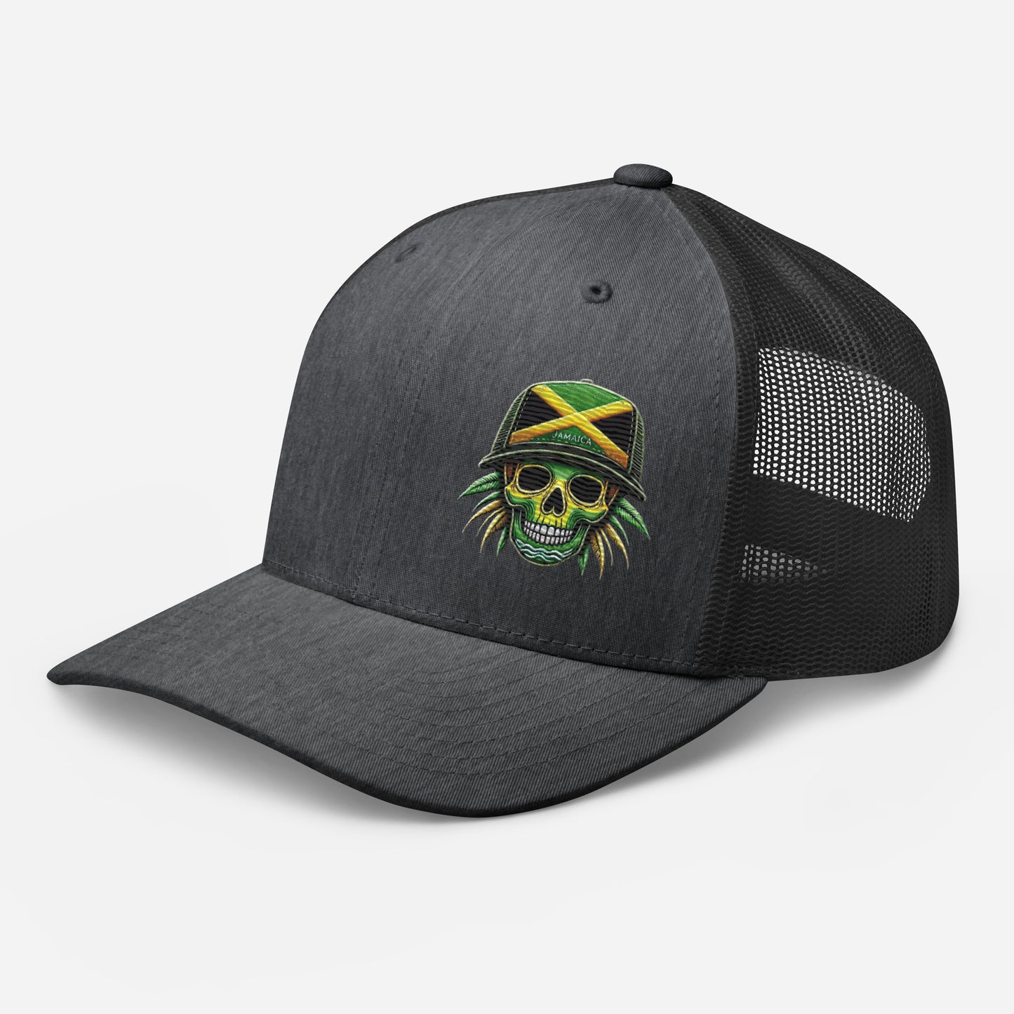 Embroidered 'Jamaica Skull' Trucker Hat – Adjustable Snapback, Stylish Summer Jamaica Hat