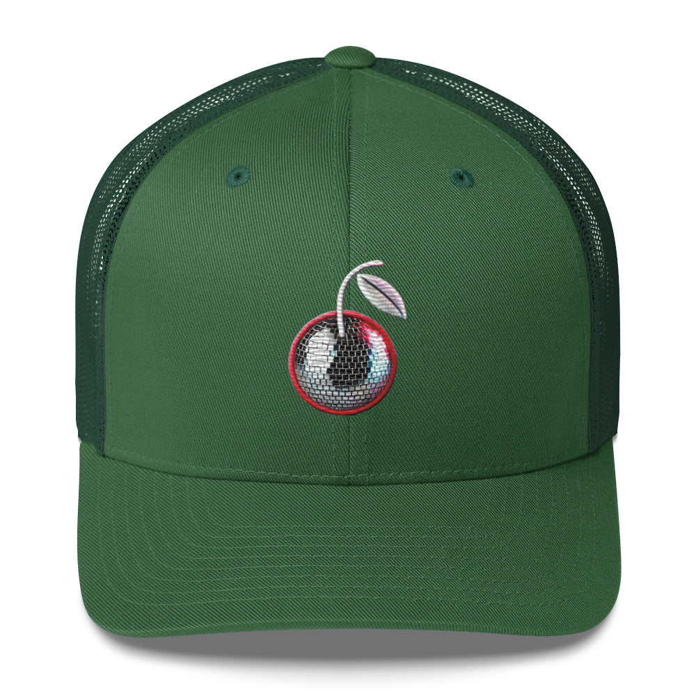 Embroidered Disco Ball Cherry Trucker Cap – Comfortable & Stylish Fruit Party Hat