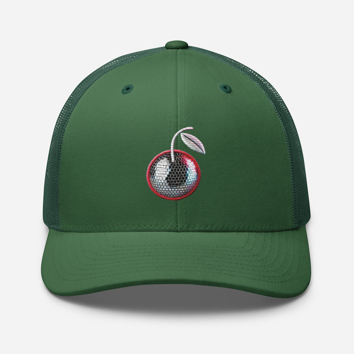 Embroidered Disco Ball Cherry Trucker Cap – Comfortable & Stylish Fruit Party Hat