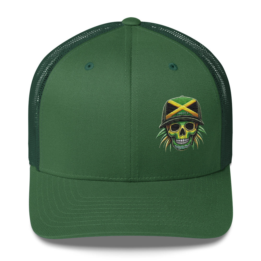 Embroidered 'Jamaica Skull' Trucker Hat – Adjustable Snapback, Stylish Summer Jamaica Hat